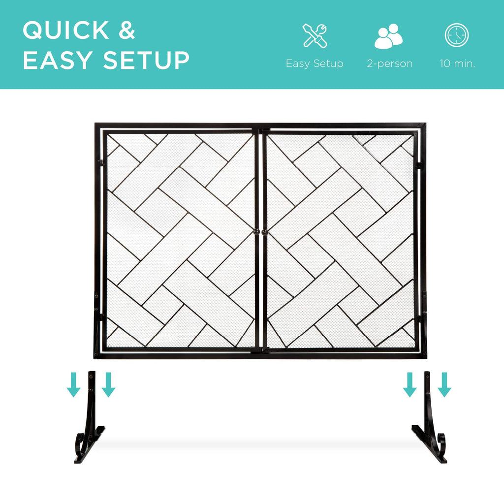 Black 2-Panel Wrought Iron Fireplace Screen P41204