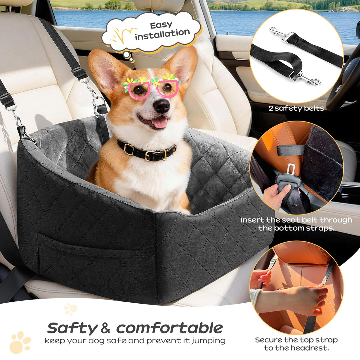 Dog Car Seat for Small Dogs Up to 30 Lbs, Grey-Black M454832
