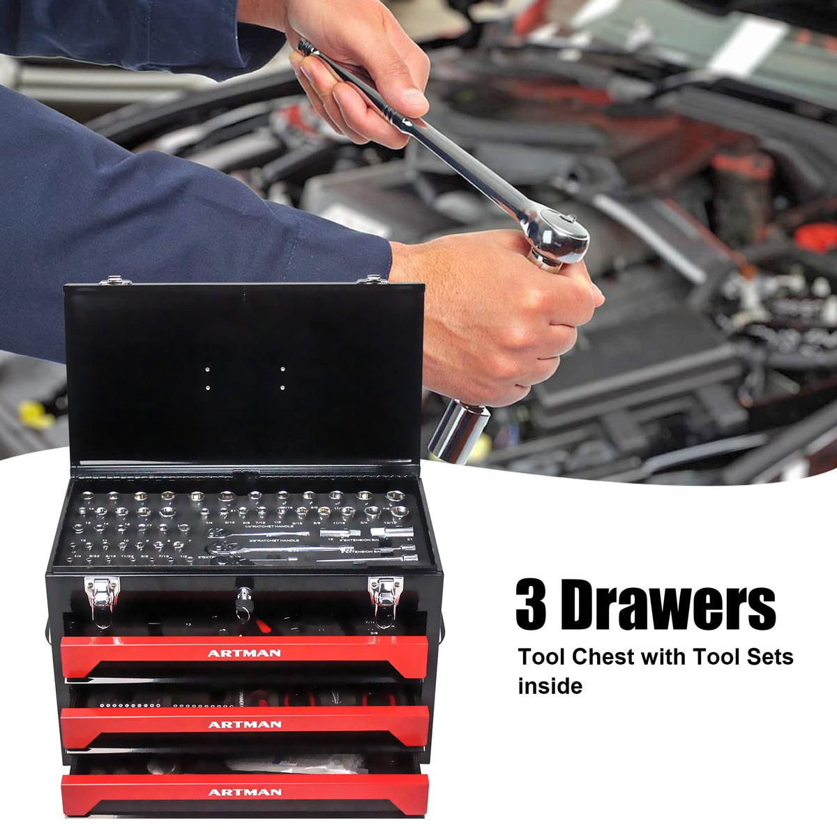 3-Drawer Steel Tool Chest with 439-Piece Mechanics Tool Set V1584