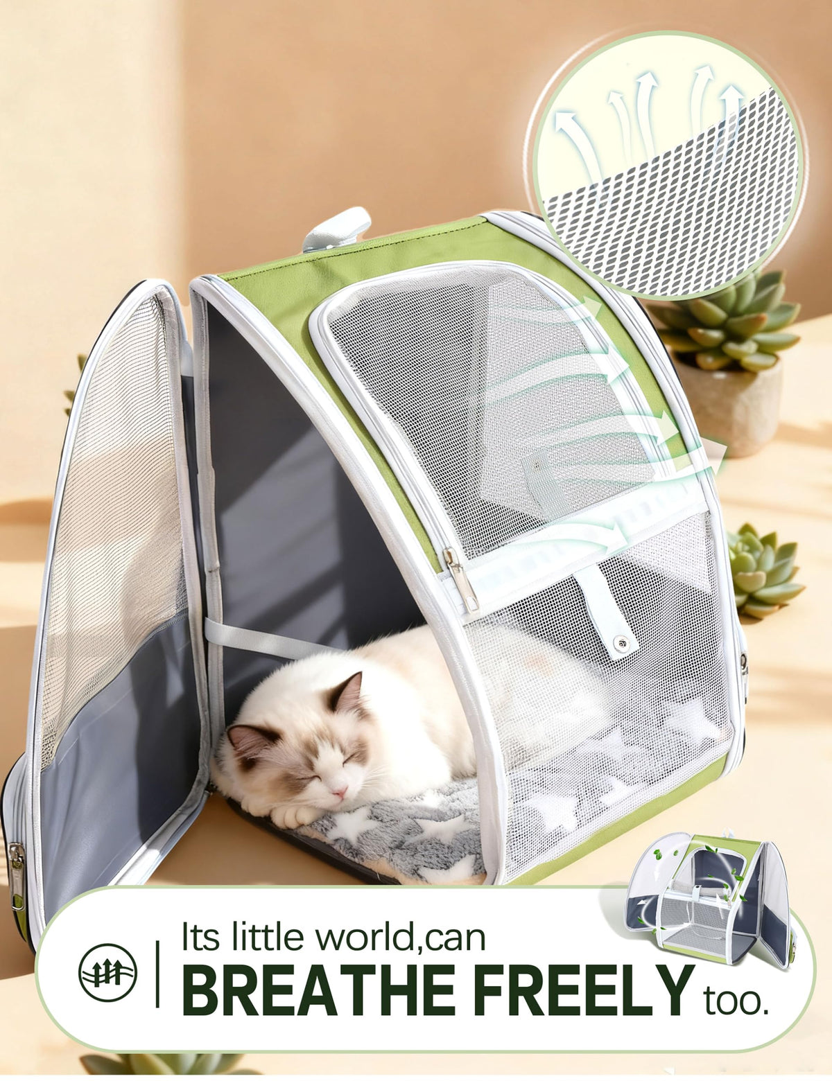 Cat Backpack Carrier with Washable Bed Mat Green L7315
