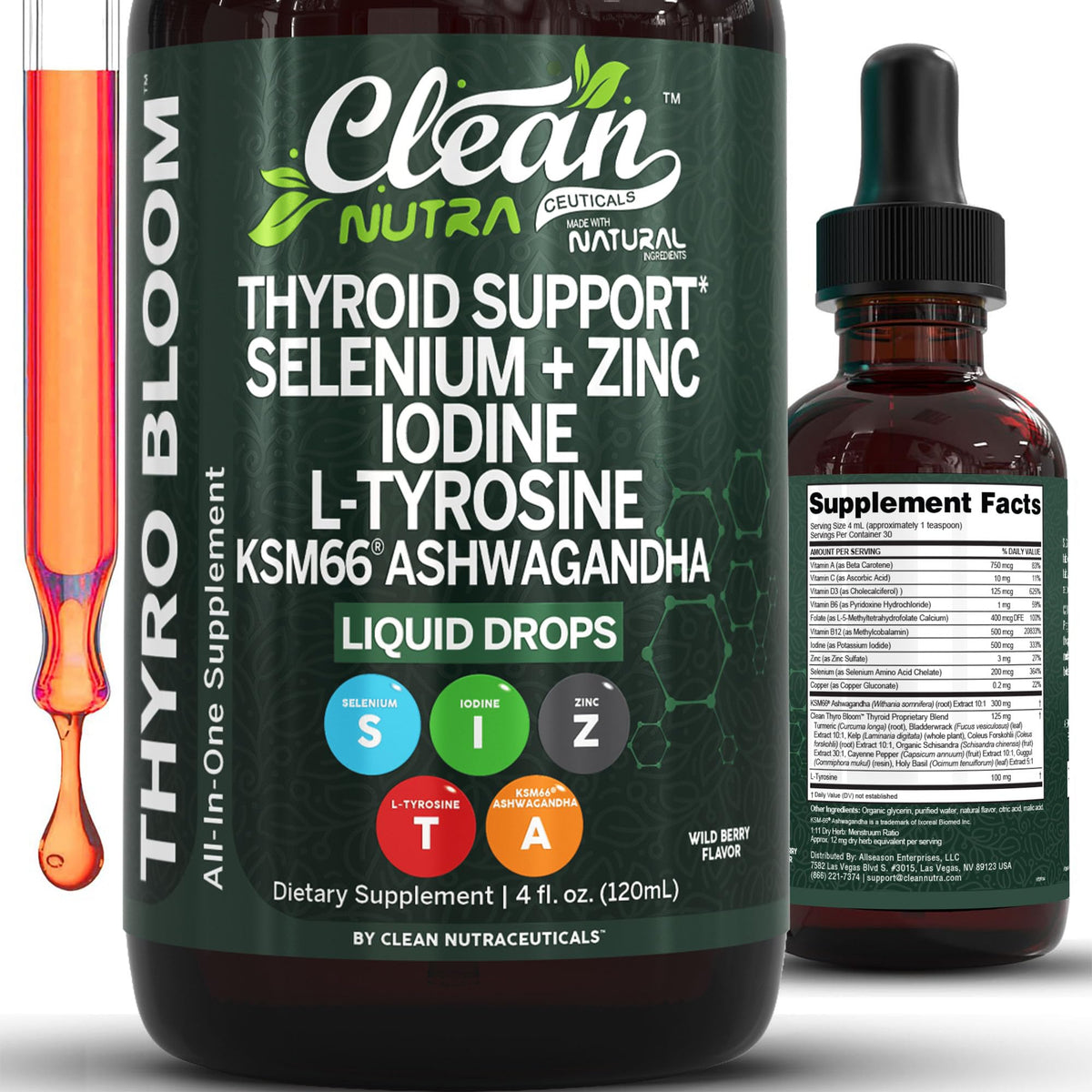 Liquid Thyroid Support Drops with Iodine Selenium Zinc Ashwagandha 4oz Y97385