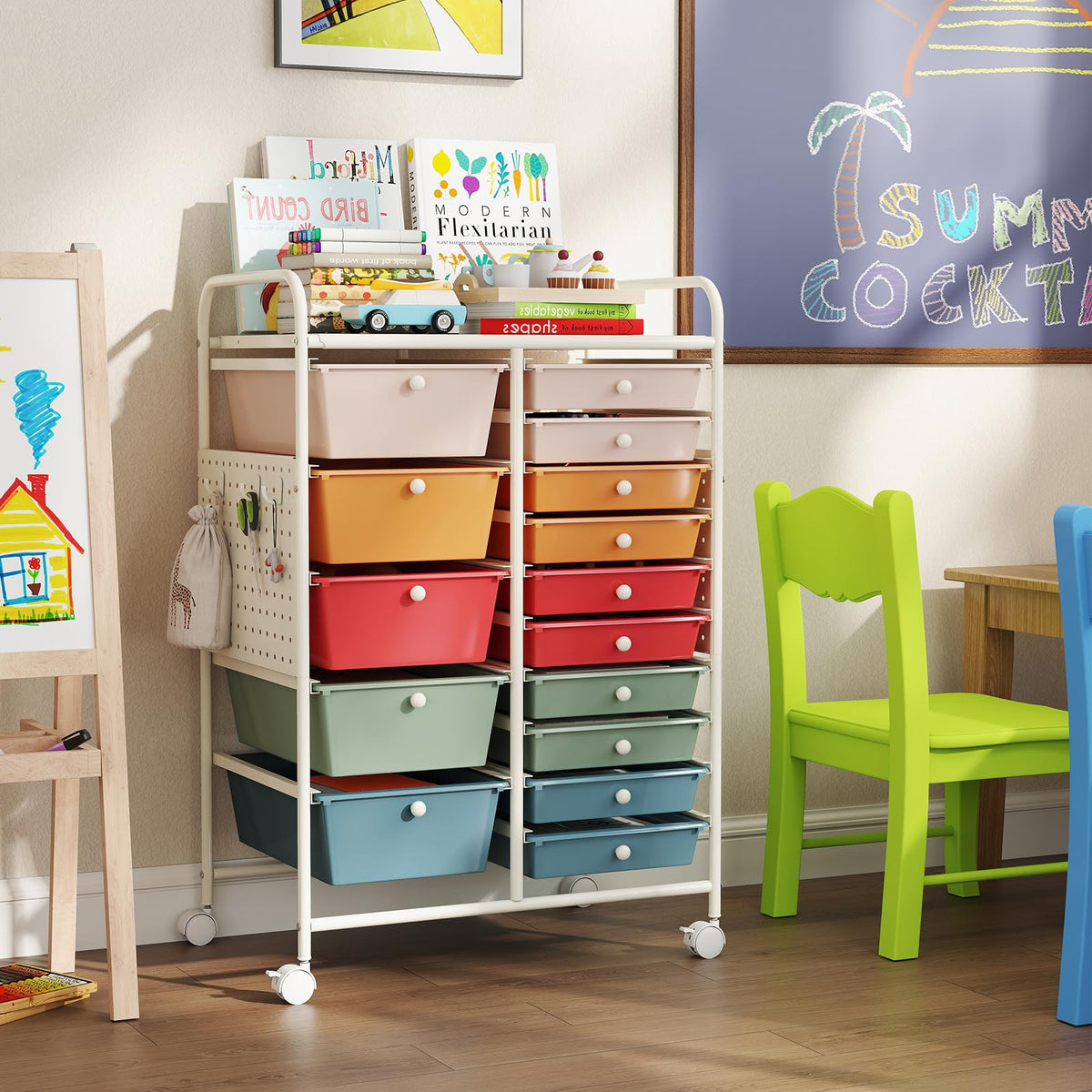 15 Drawer Rolling Storage Cart with Metal Tabletop K631