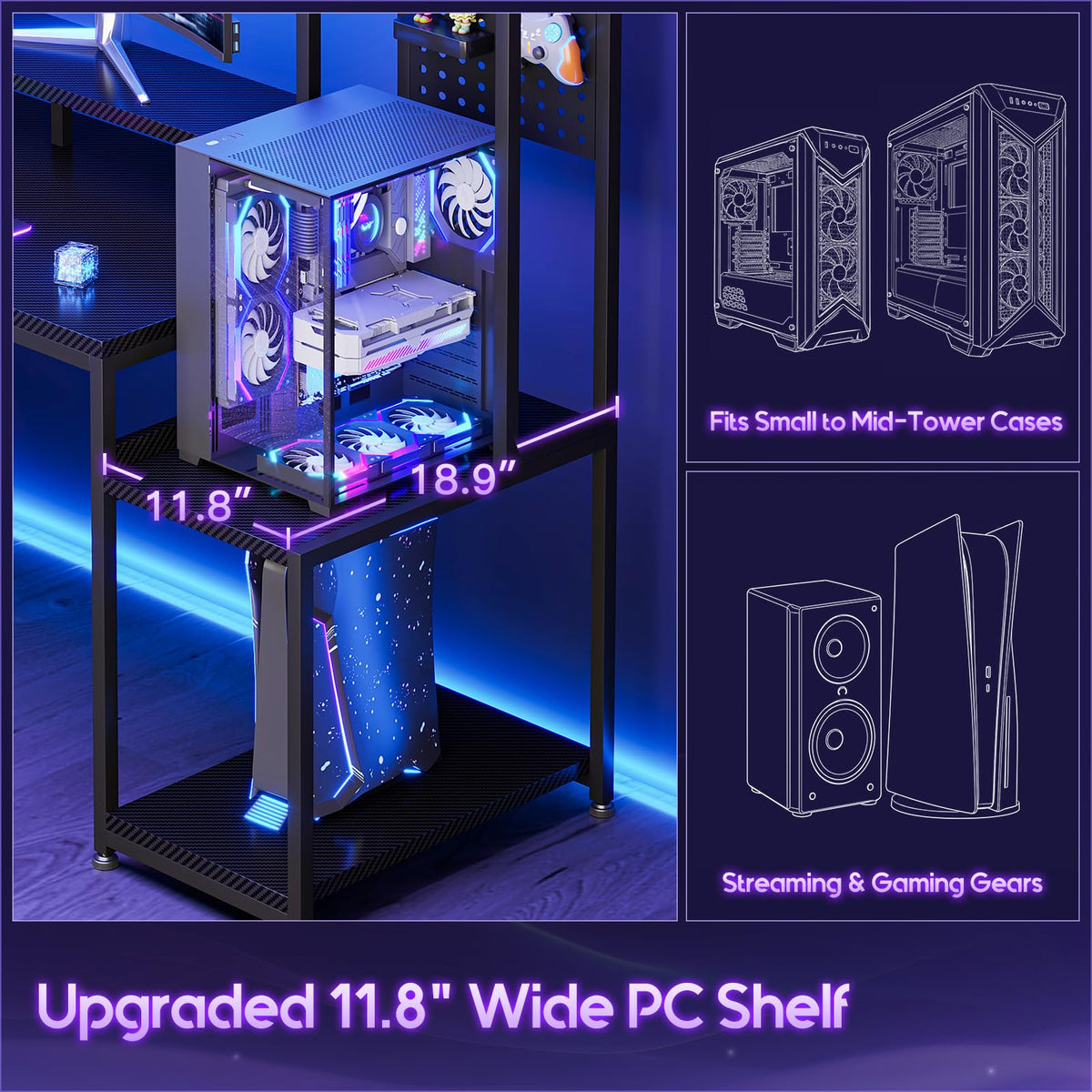 67 Inch Gaming Desk with Storage Shelves, 3 Drawers, LED Lights, Hutch R70328