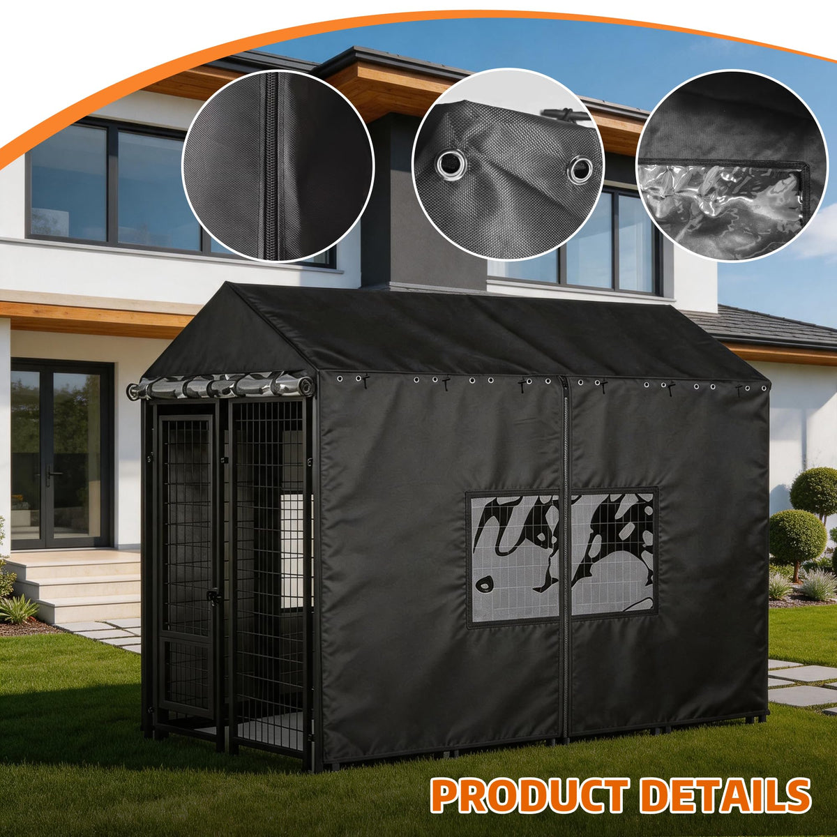 Outdoor Dog Kennel Cover with Clear PVC Windows & Roll-Up Panels M36092