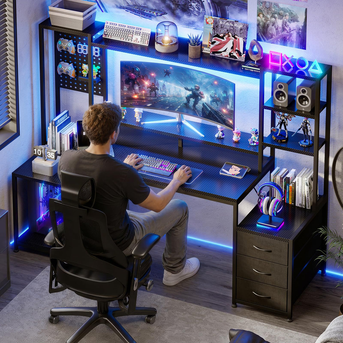 67 Inch Gaming Desk with Storage Shelves, 3 Drawers, LED Lights, Hutch R70328