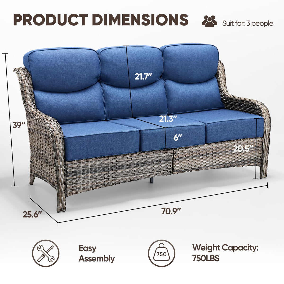 Grey Wicker 3-Seat Outdoor Sofa with Cushion Y336