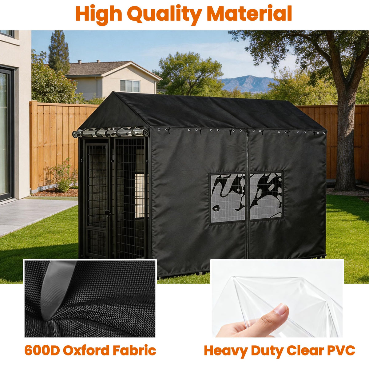 Outdoor Dog Kennel Cover with Clear PVC Windows & Roll-Up Panels M36092