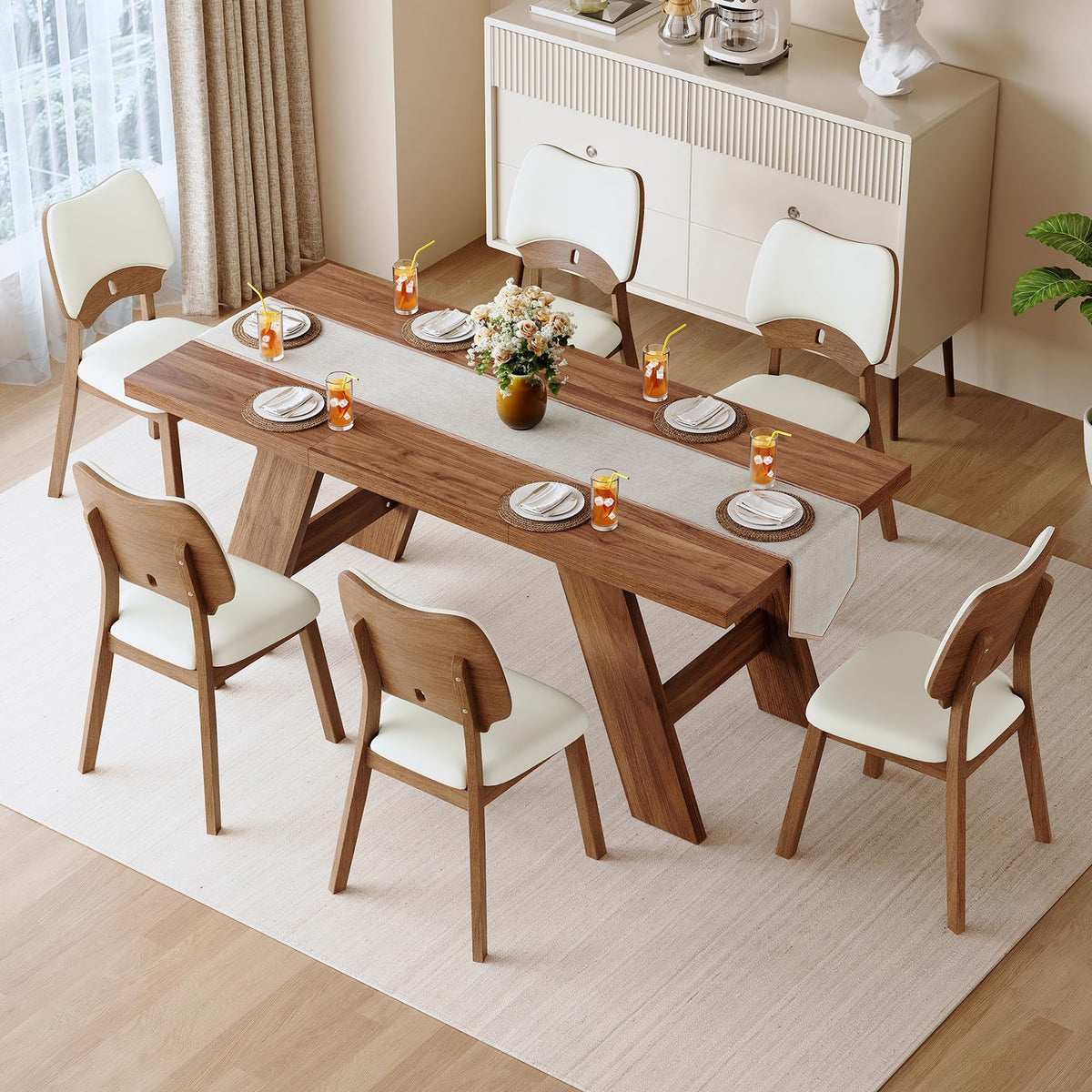 71" 7 Piece Wood Dining Table Set with 6 PU Leather Chairs C86914