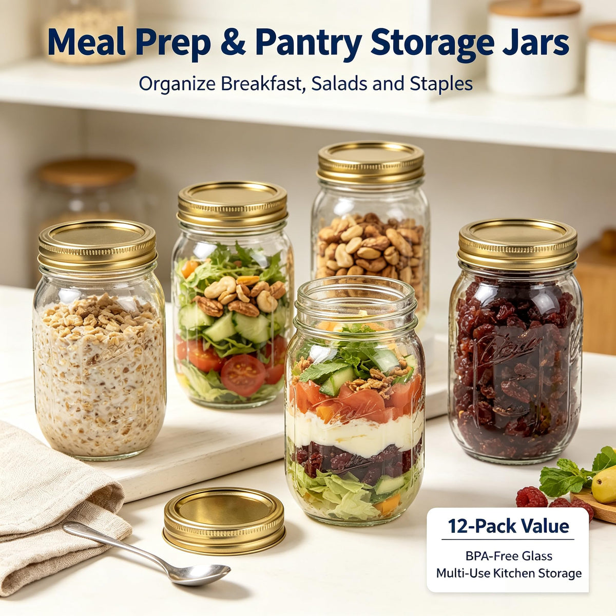 16 oz Regular Mouth Clear Glass Mason Jars 12-Pack with Airtight Lids and Bands K79283
