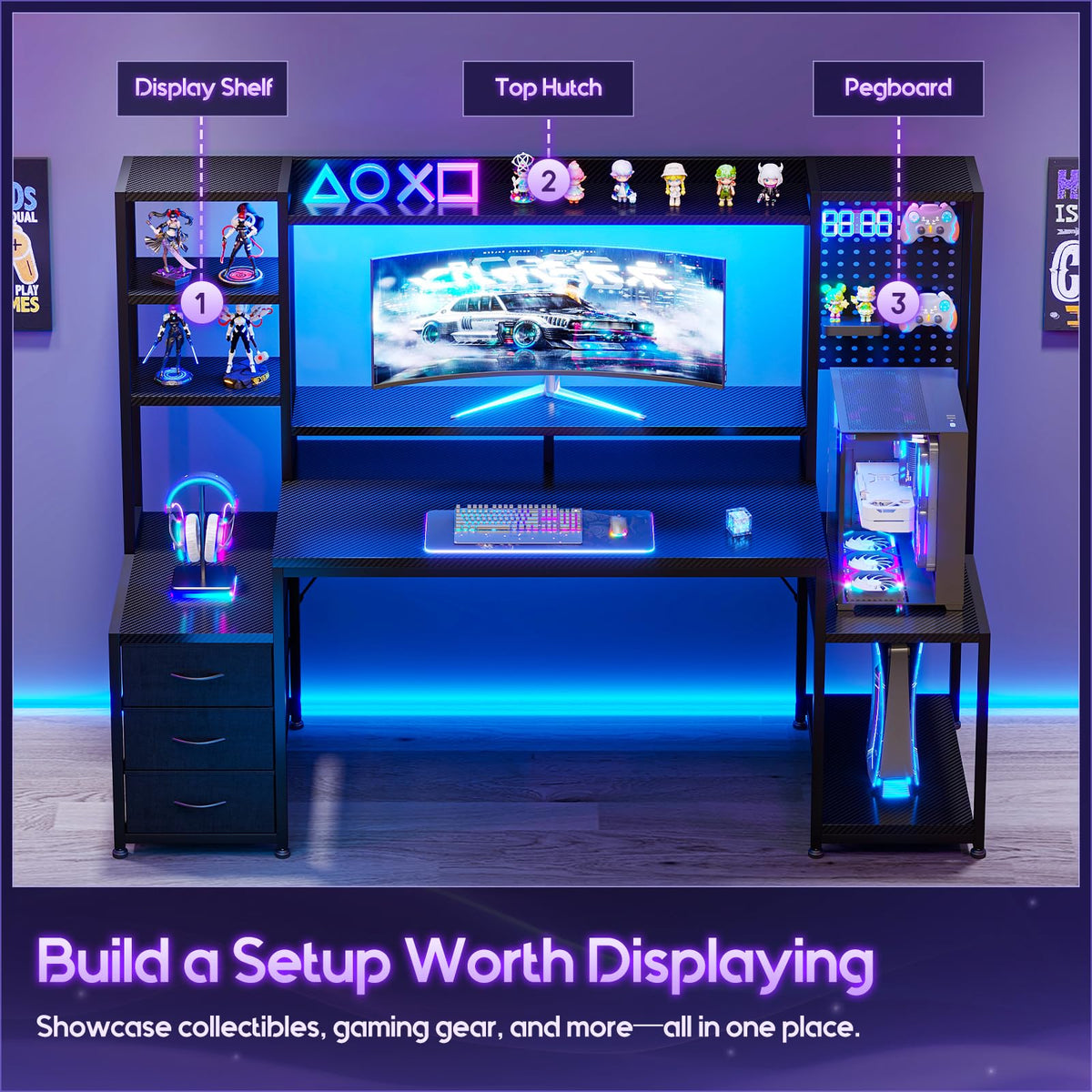 67 Inch Gaming Desk with Storage Shelves, 3 Drawers, LED Lights, Hutch R70328