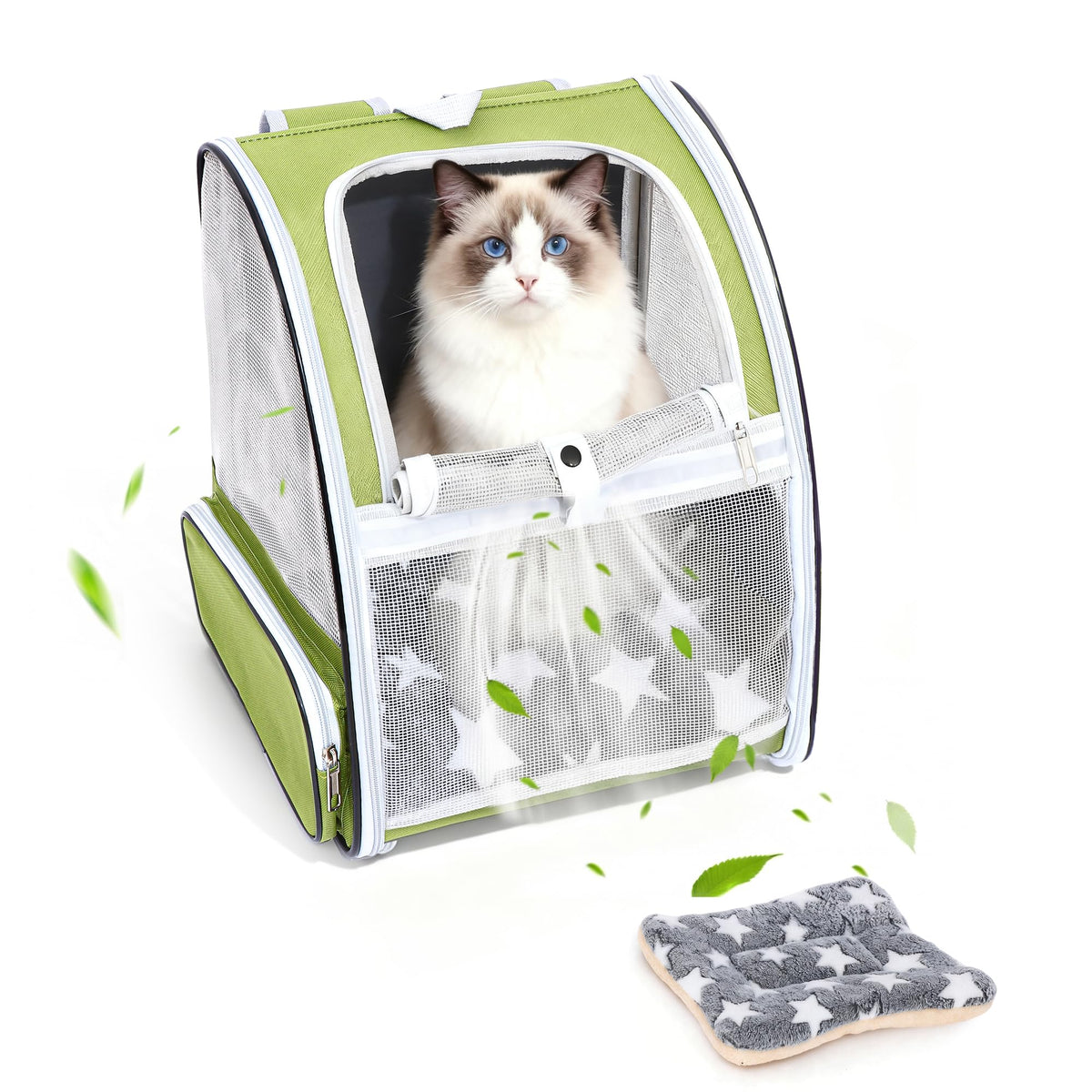 Cat Backpack Carrier with Washable Bed Mat Green L7315