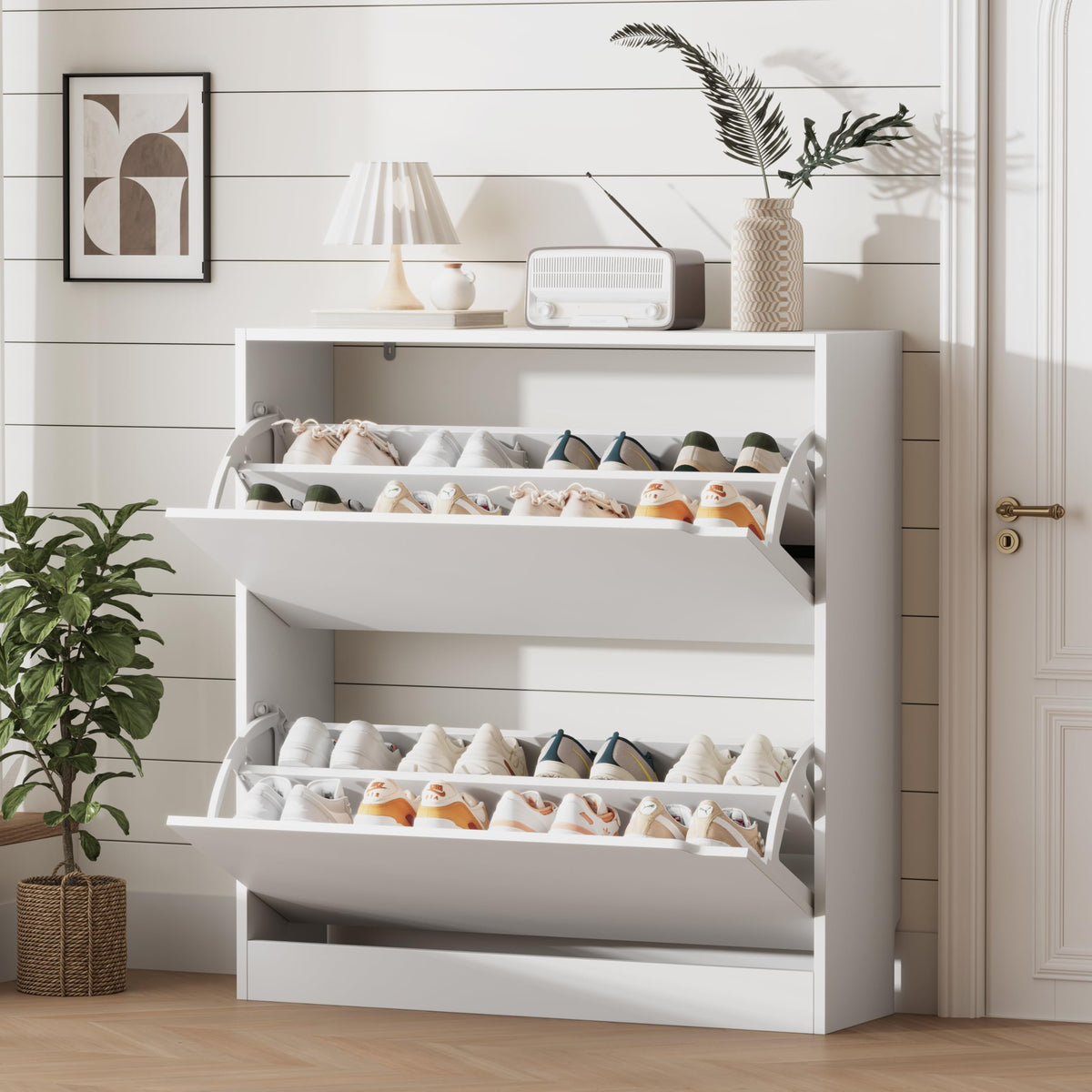 White 2 Flip Drawer Wood Shoe Storage Cabinet U2662