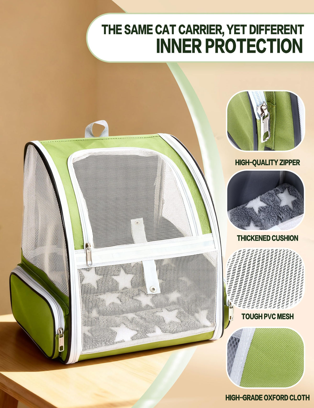 Cat Backpack Carrier with Washable Bed Mat Green L7315