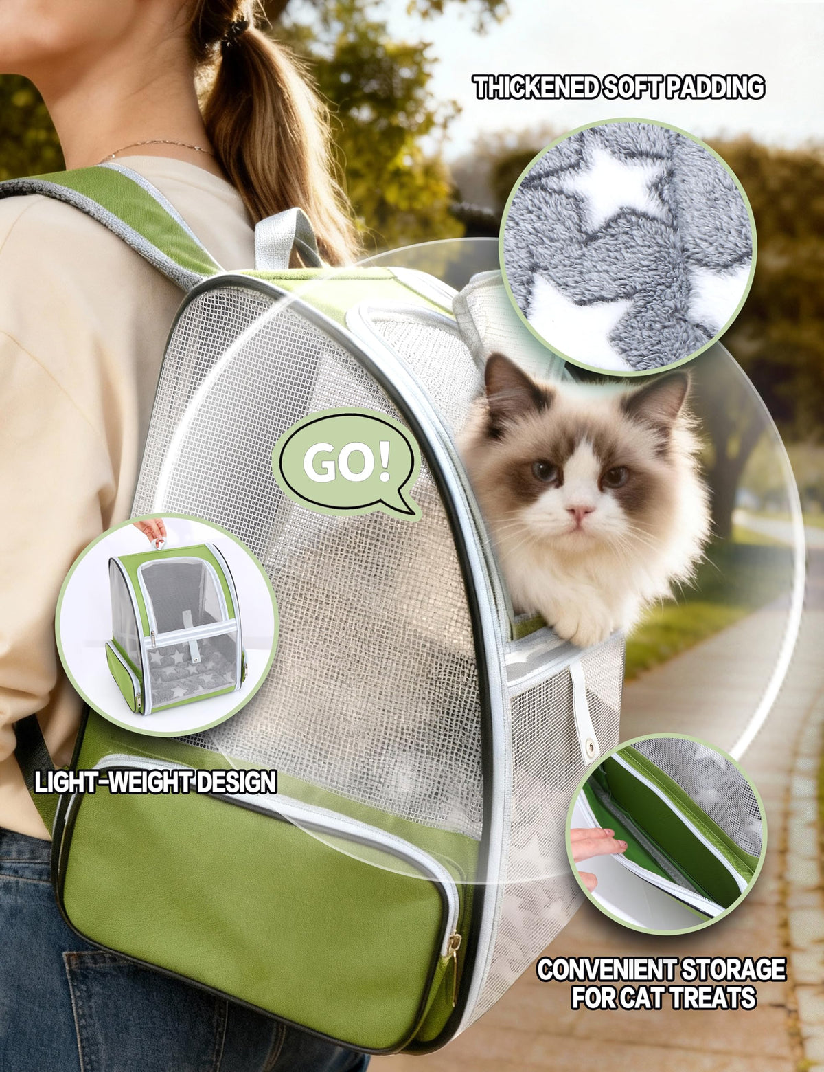 Cat Backpack Carrier with Washable Bed Mat Green L7315