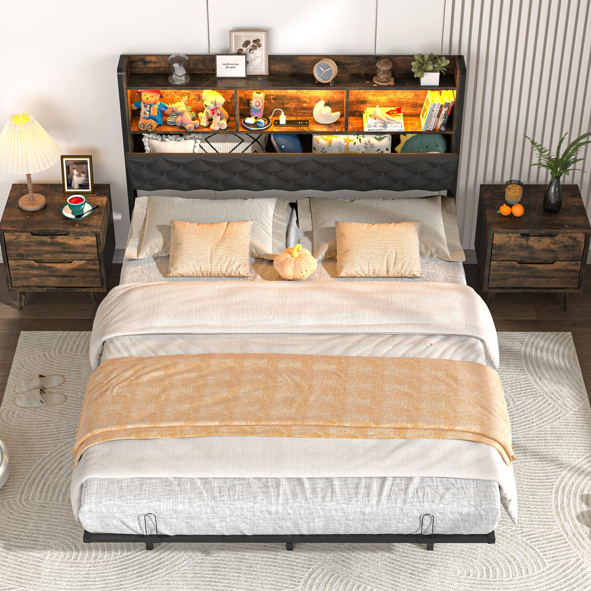 Queen Size Metal Platform Bed with Storage Bookcase Headboard J481577