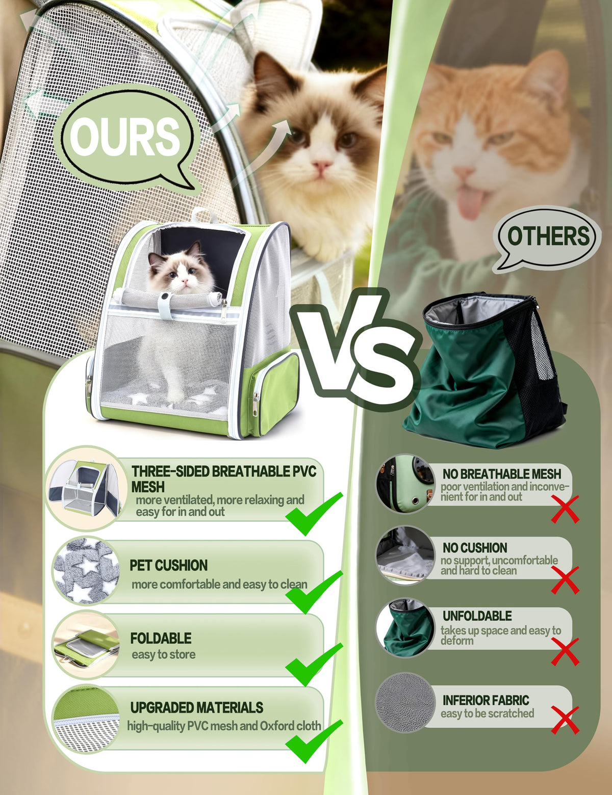 Cat Backpack Carrier with Washable Bed Mat Green L7315