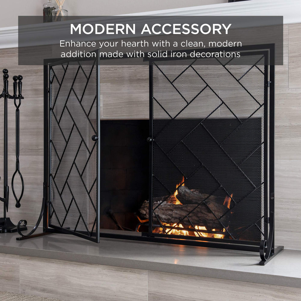 Black 2-Panel Wrought Iron Fireplace Screen P41204
