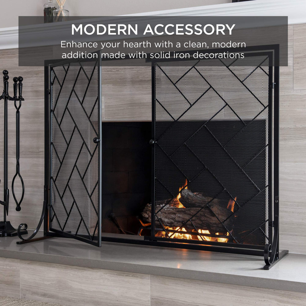 Black 2-Panel Wrought Iron Fireplace Screen P41204