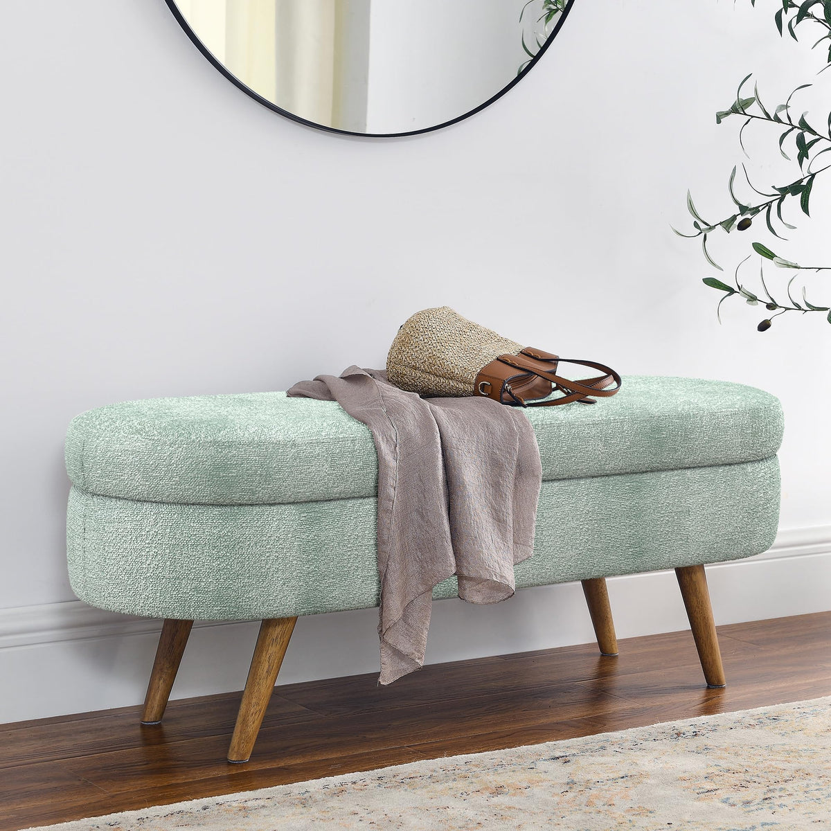Cream Oval Boucle Storage Ottoman with Wooden Legs Y771