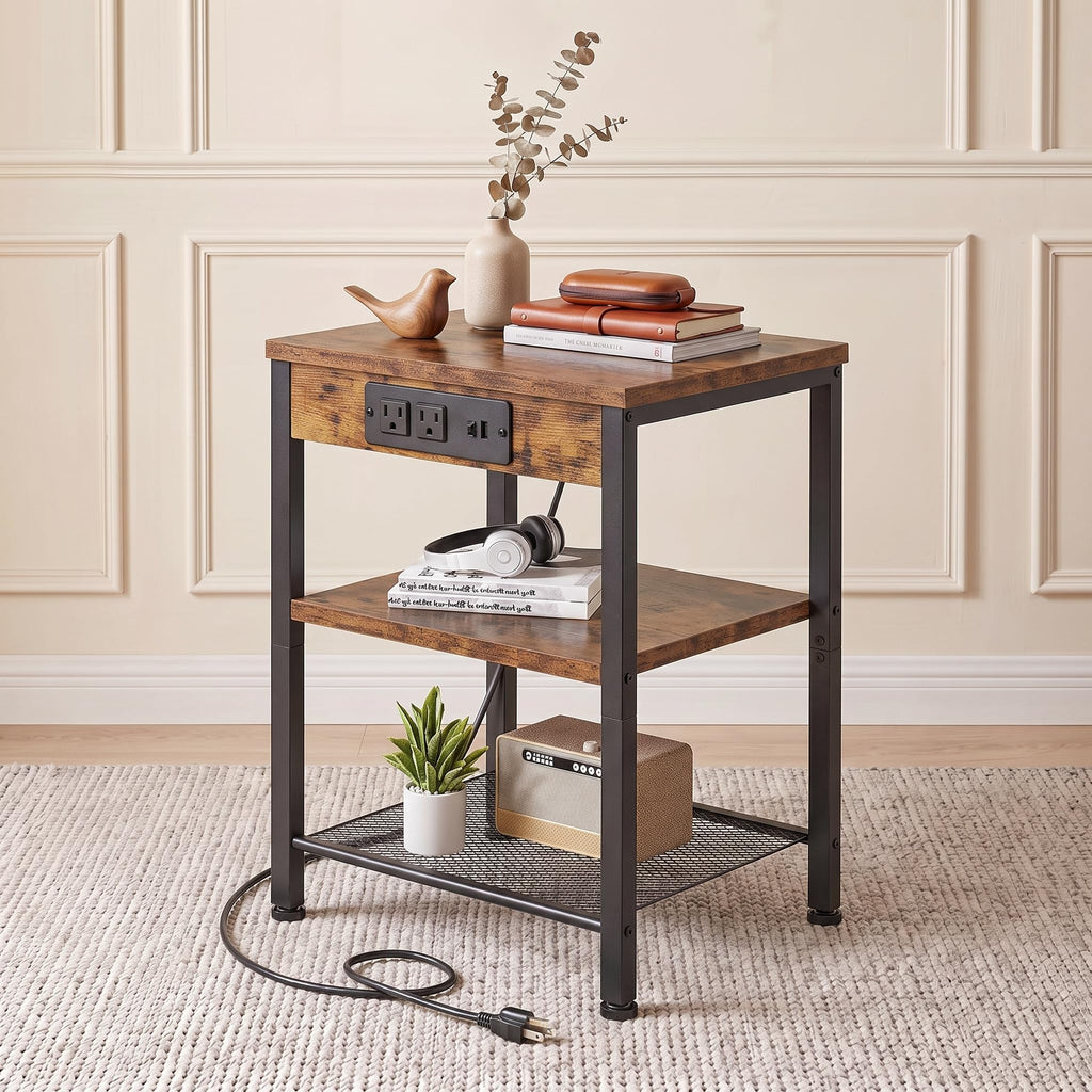 Nightstand with Charging Station, 3-Tier Bedside Table Z171