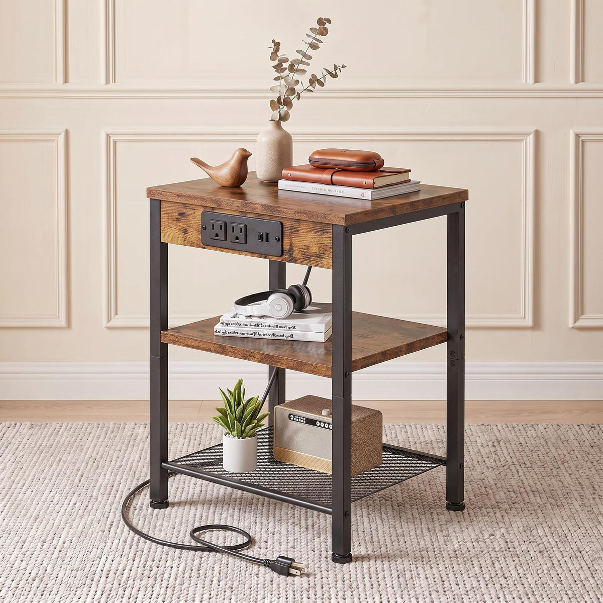 Nightstand with Charging Station, 3-Tier Bedside Table Z171