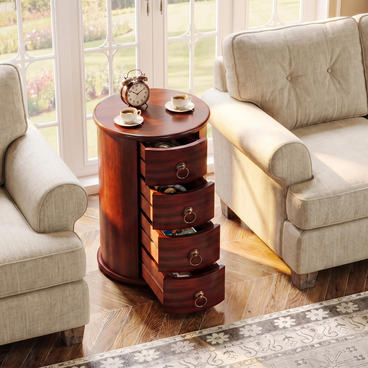 Solid Wood Round End Table with 4 Drawers M857521