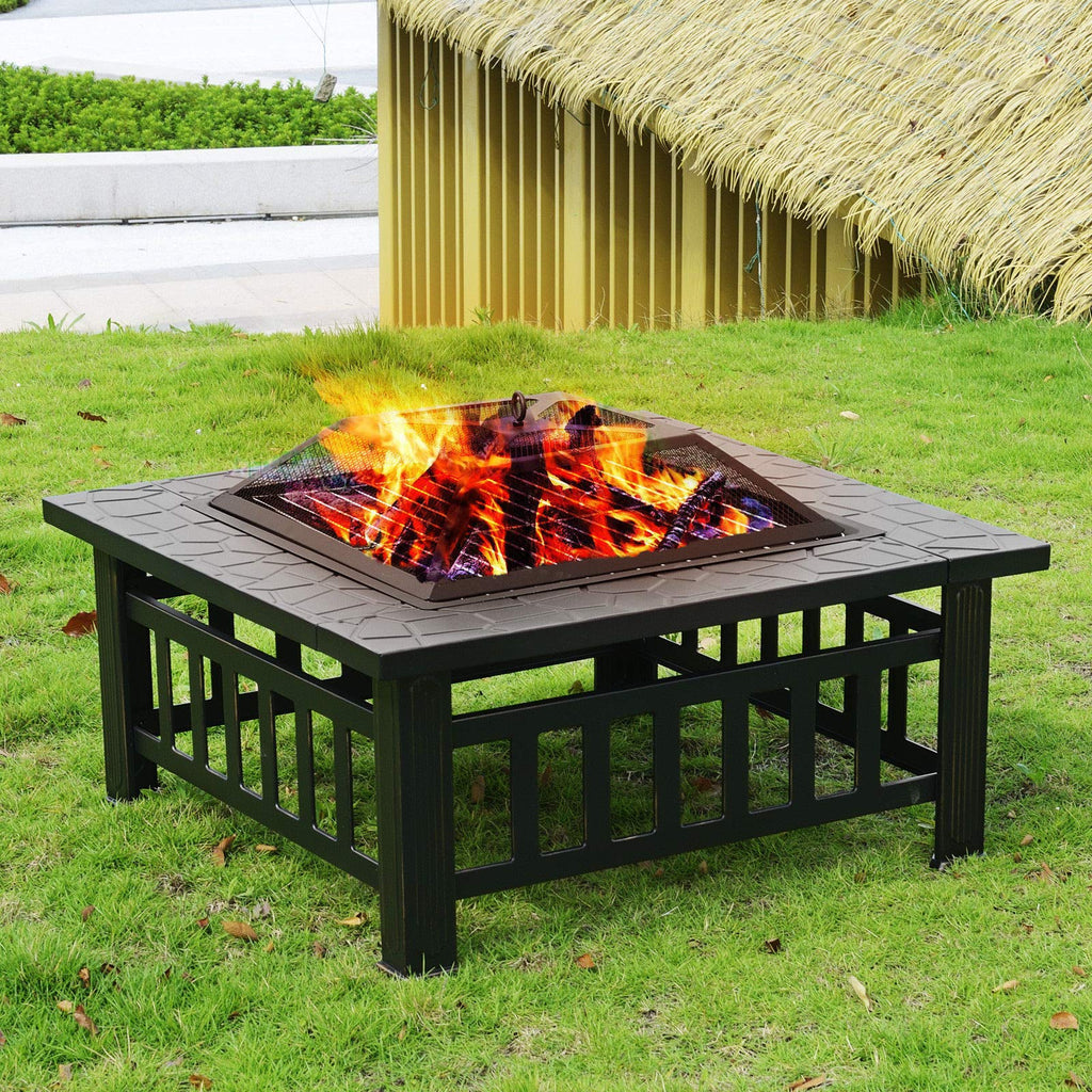 32'' Black Metal Square Wood Burning Fire Pit with Spark Screen Cover, Log Grate, Poker E553